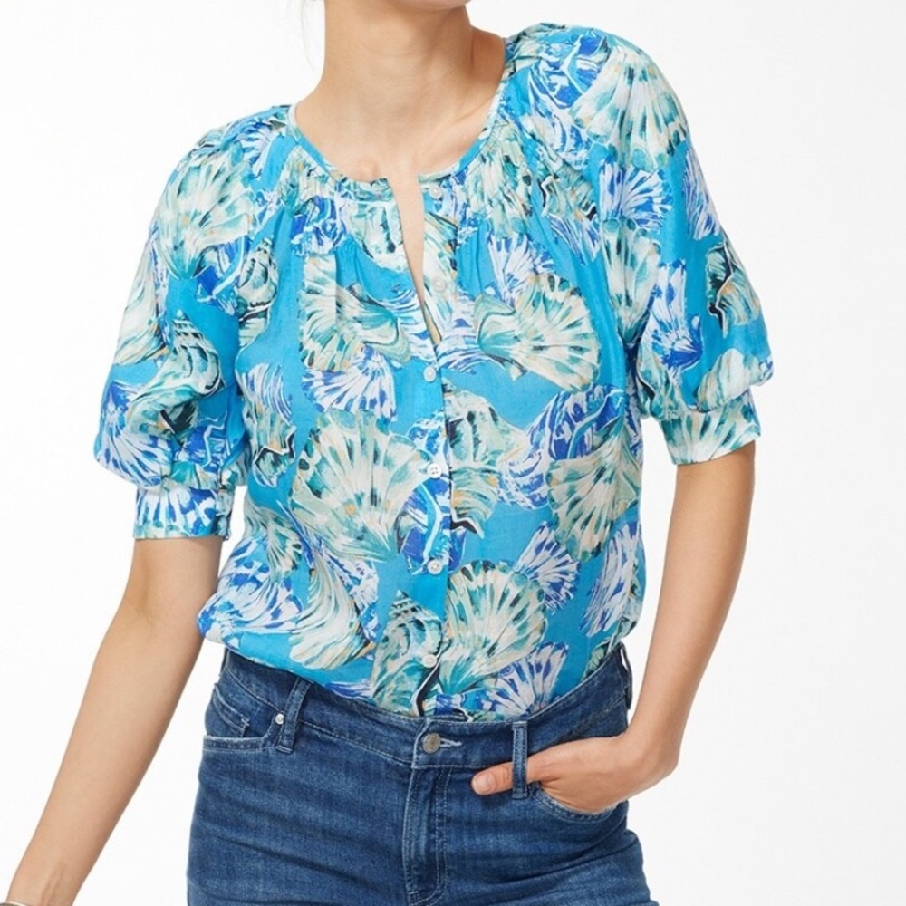 Chico’s Blue Shell Print Ramie Blend Blouse